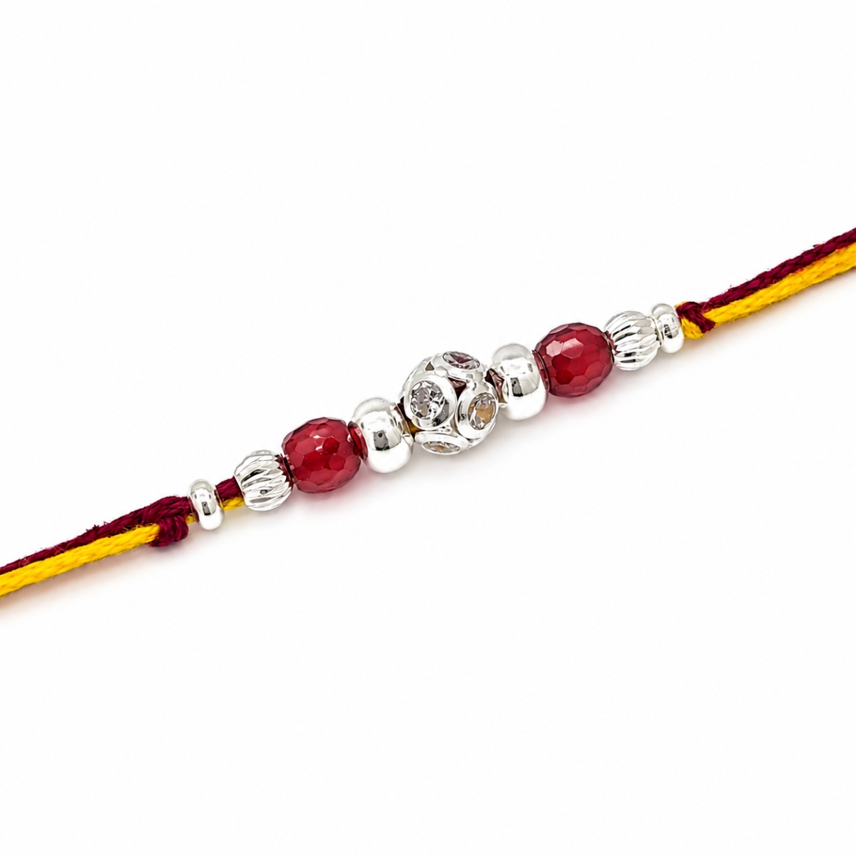 Silver Rakhi Red Crystal And Silver Sphere Design For Mens
